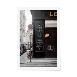 Paris café photograph with vintage chalkboard signage reading “Wines, Liqueurs, Pizza,” fine art print for kitchen or dining decor