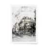 Double exposure street scene blending Parisian architecture, vintage cars, and layered signage in soft monochrome tones.