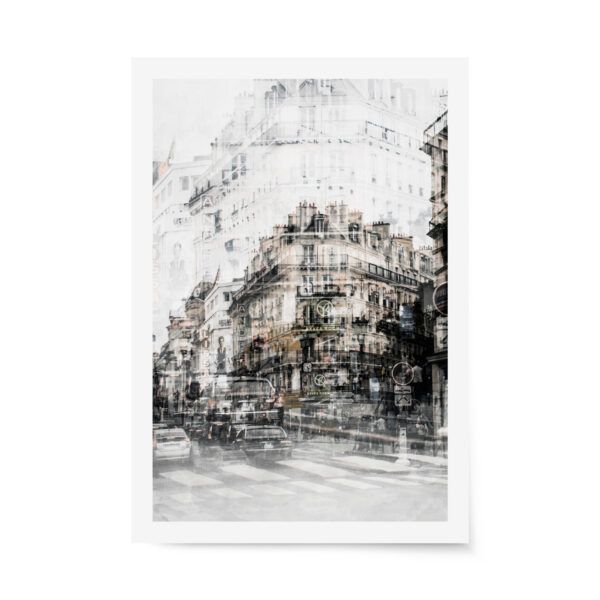 Double exposure street scene blending Parisian architecture, vintage cars, and layered signage in soft monochrome tones.