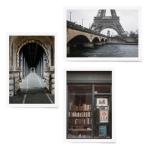 Paris photo print set featuring Eiffel Tower over the Seine, Bir-Hakeim bridge, and a bookstore window with vintage French posters.