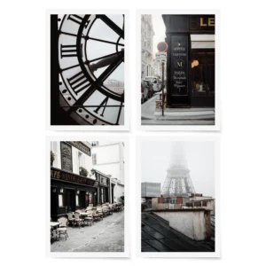 Gallery wall set of four Paris-themed prints: a museum clock face, a chalkboard café menu, a row of sidewalk café chairs, and a rooftop view of the Eiffel Tower.