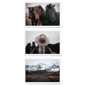 Set of three Iceland-inspired prints featuring shaggy winter-coated horses, a snow-dusted traveler in a poncho, and a winding road leading into dramatic snow-covered mountains.