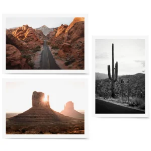Desert print trio featuring a winding road through red rock formations, a towering cactus beside a “Wrong Way” sign, and sunflare over Monument Valley buttes.