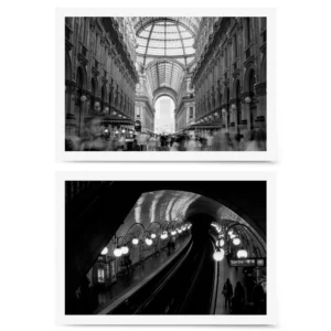 Black and white gallery wall set featuring a blurred crowd beneath Milan’s Galleria Vittorio Emanuele II and a moody shot of Paris’s Cité metro station.