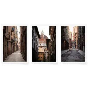 Set of three fine art prints featuring the Florence Duomo, a Barcelona alleyway with hanging laundry, and Staple Street in New York City.