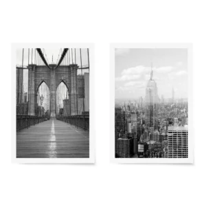 Monochrome fine art set featuring the Brooklyn Bridge's geometric lines and a gritty double exposure of the Empire State Building.