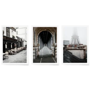Three-piece wall art set of Parisian scenes: moody rooftops with Eiffel Tower, a tunnel of repeating arches, and a charming vintage café.