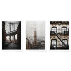 Set of three NYC prints: cityscape double exposure with the Empire State Building, Manhattan Bridge view, and vintage fire escape façade.