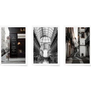 Set of three prints featuring a Paris café exterior, Milan’s Galleria Vittorio Emanuele II, and a tiled alleyway in a Mediterranean kasbah.