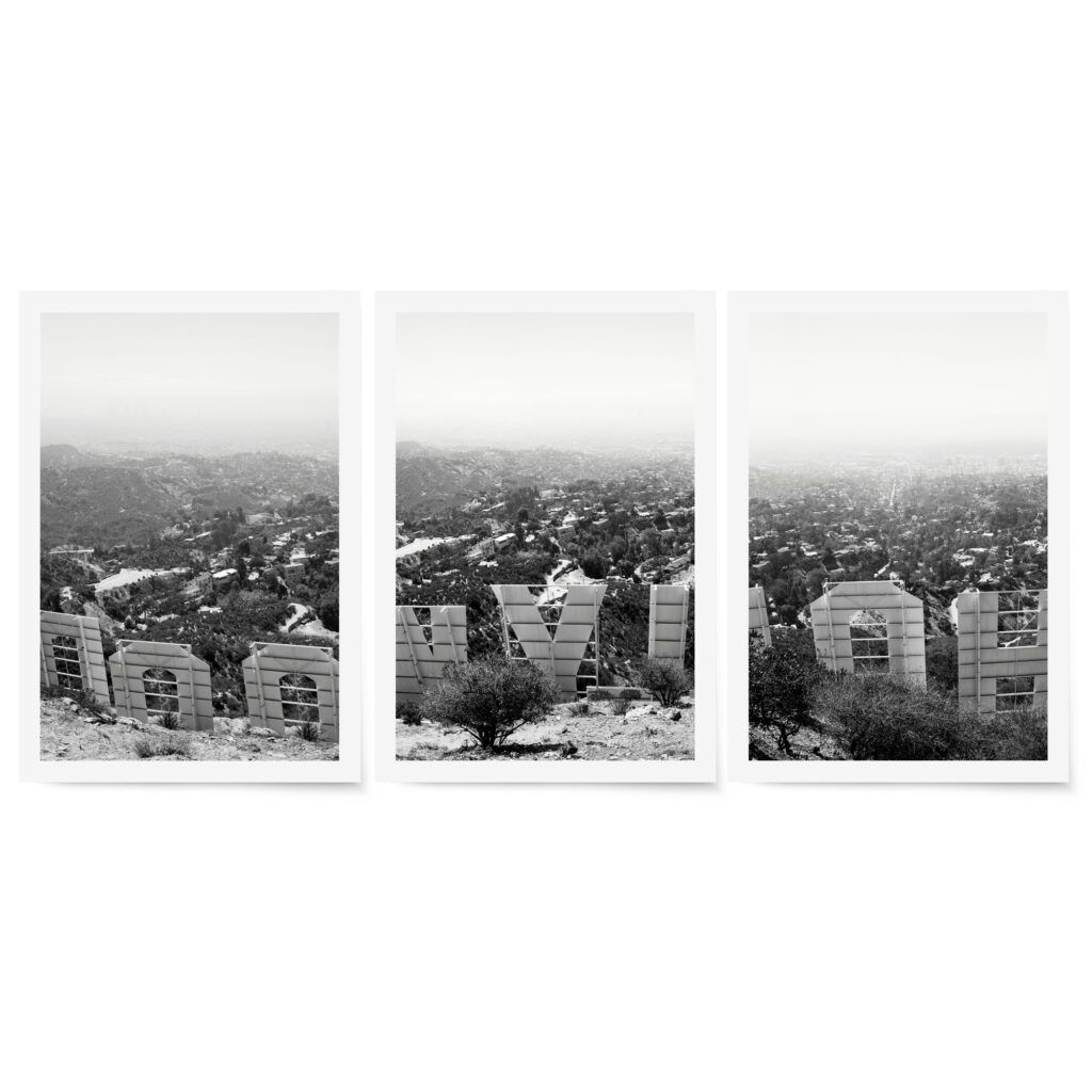 Black and white fine art photography triptych of the Hollywood Sign overlooking Los Angeles, shown unframed.