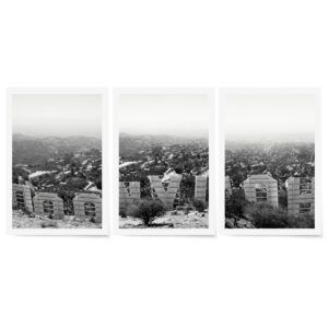 Black and white fine art photography triptych of the Hollywood Sign overlooking Los Angeles, shown unframed.